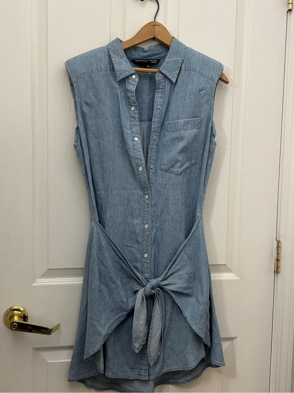 Veronica Beard Light Blue Sleeveless Chambray Tie-Front Dress